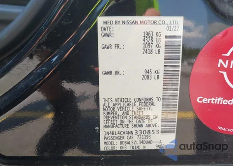 2022 Nissan Altima Sr Fwd from USA, damaged, VIN 1N4BL4CV4NN330853